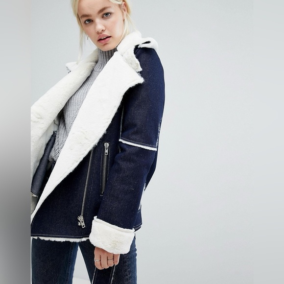 J.O.A Denim Biker Jacket With Faux Shearling Lining Women’s Size Small - Picture 3 of 9